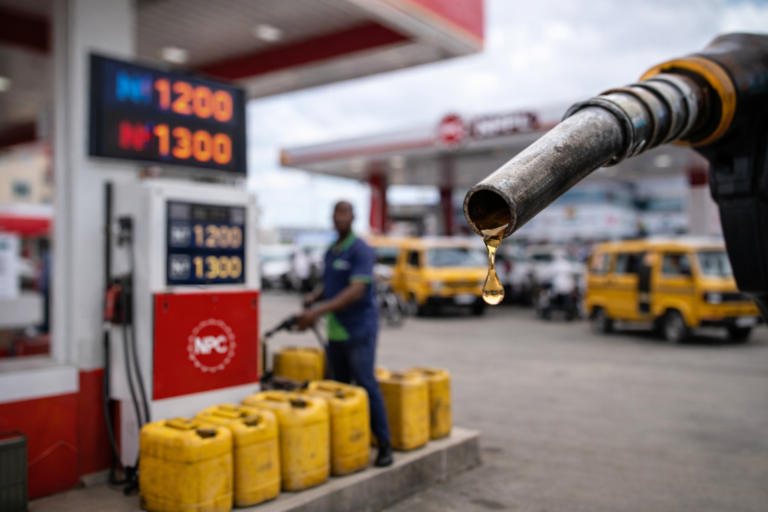 Fuel nozzle dripping petrol at a Nigerian petrol station representing rising fuel prices and energy crisis in Nigeria